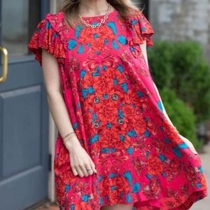 Free People Yara Hot Pink and Blue Floral Dress